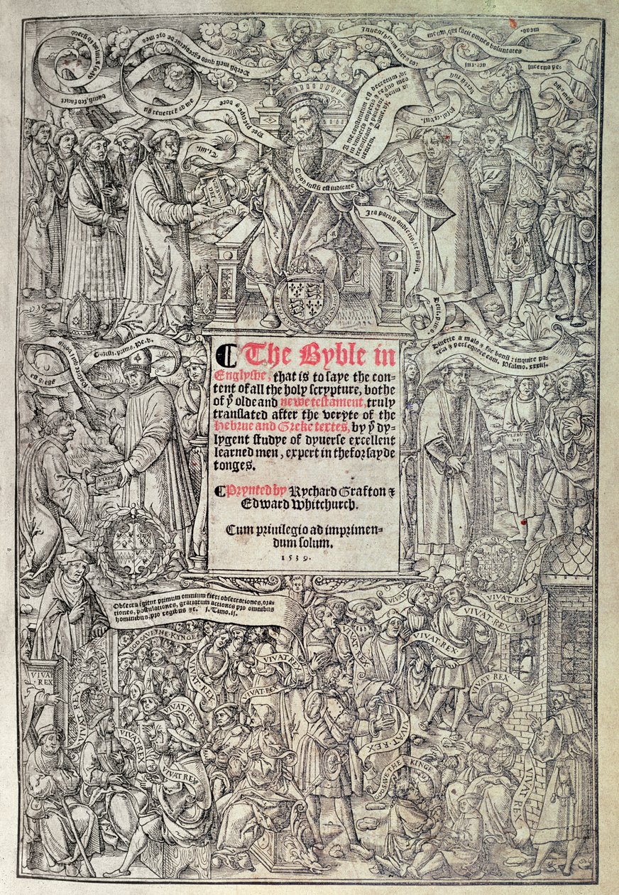 Titelseite der englischen Übersetzung der Großen Bibel, übersetzt aus den hebräischen und griechischen Texten und gedruckt von Richard Grafton und Edward Whitchurch, ca. 1539 (Holzschnitt) von English School