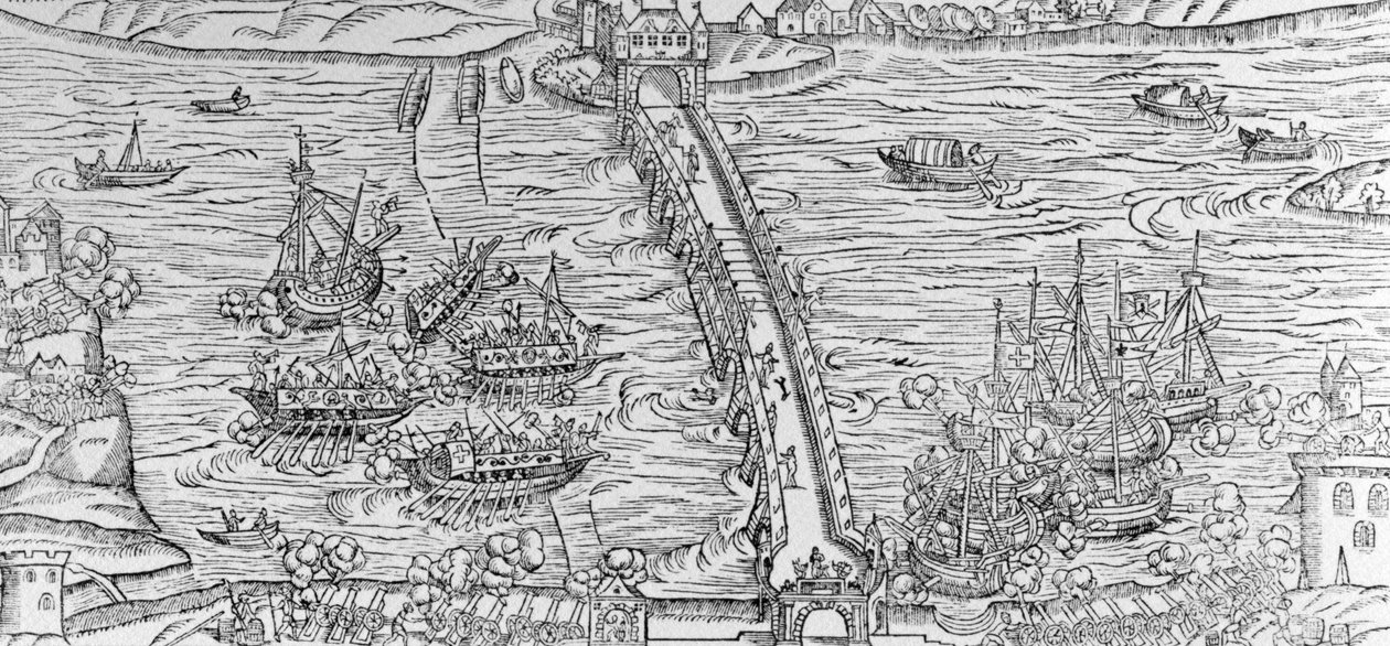 Rekonstruktion einer Seeschlacht auf der Seine vor Heinrich IV. im Jahr 1596, Illustration aus 
