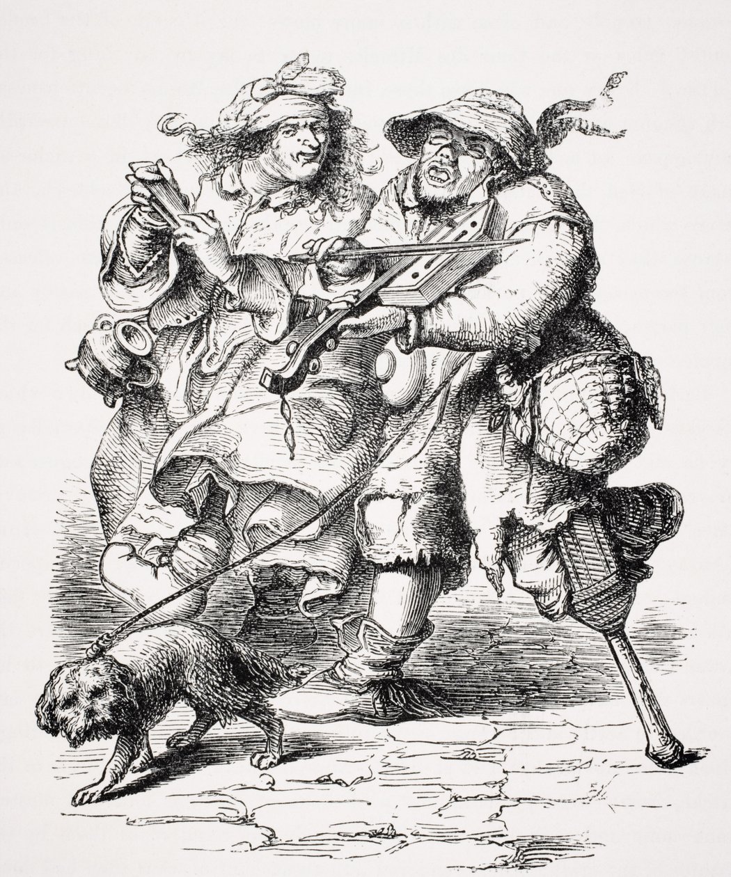 Bettler spielt die Geige, seine Frau begleitet ihn mit Knochen, nach einem Stich aus dem 17. Jahrhundert, aus 