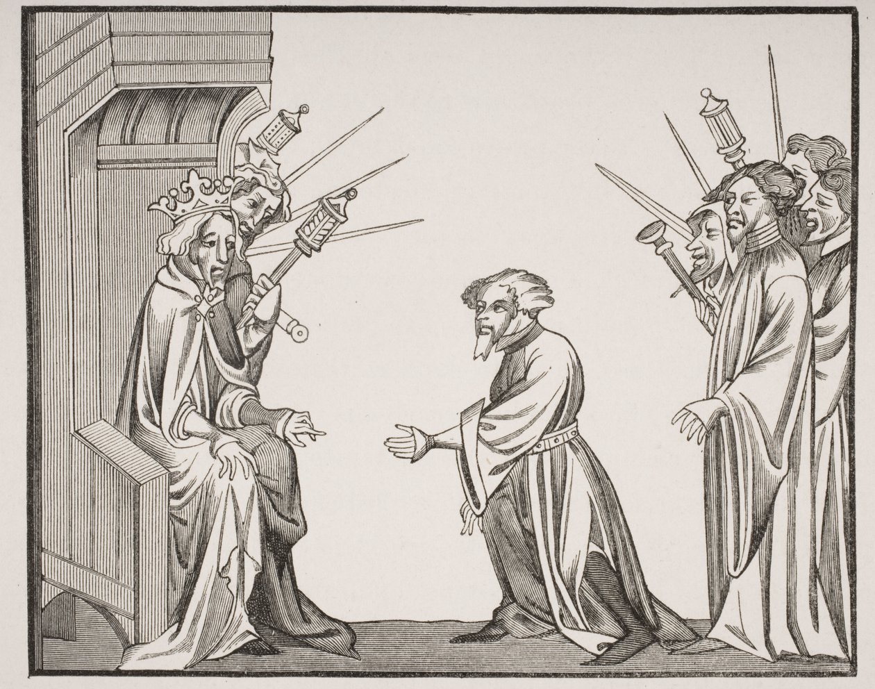 Karl der Große (747-814) erhält den Treue- und Ehrenschwur von einem seiner großen Lehnsherren oder hohen Barone, Faksimile einer Miniatur aus dem 14. Jahrhundert in den 