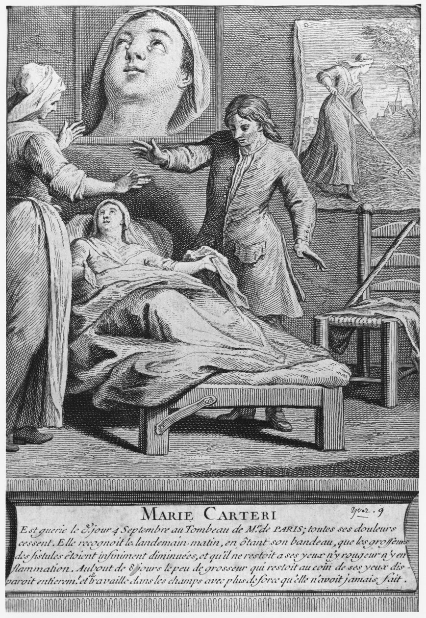 Wunderheilung einer blinden Frau, Marie Carteri, am Grab des Diakons Francois de Paris auf dem Pfarrfriedhof Saint-Medard in Paris, graviert von Pieter Yver (1712-87) 1737 von French School