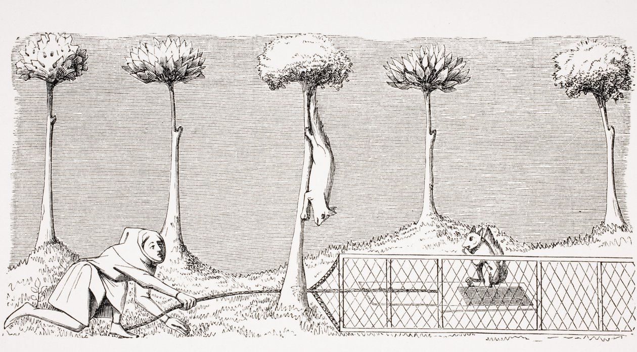 Der Weg, Eichhörnchen auf dem Boden im Wald zu fangen, nach einer Miniatur im Manuskript von Phoebus aus dem 15. Jahrhundert, aus 