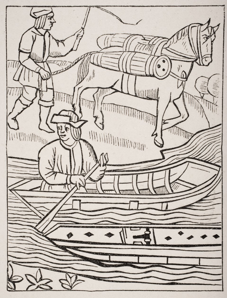 Fischtransport zu Wasser und zu Land, nach einem Stich in den königlichen Statuten der Kaufmannsvorsteher, 1528, aus 