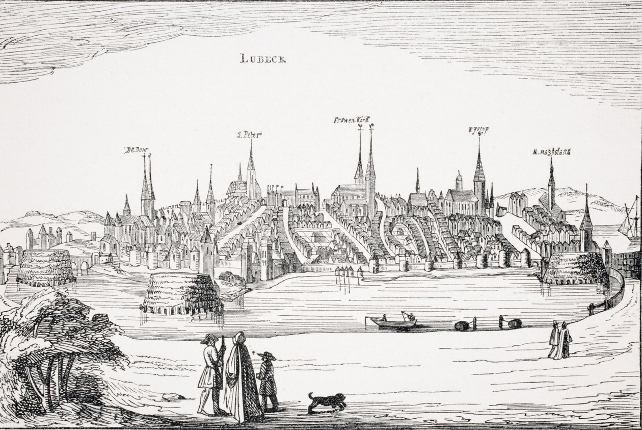 Ansicht von Lübeck und seinem Hafen im 16. Jahrhundert, nach einer Kupferplatte in 
