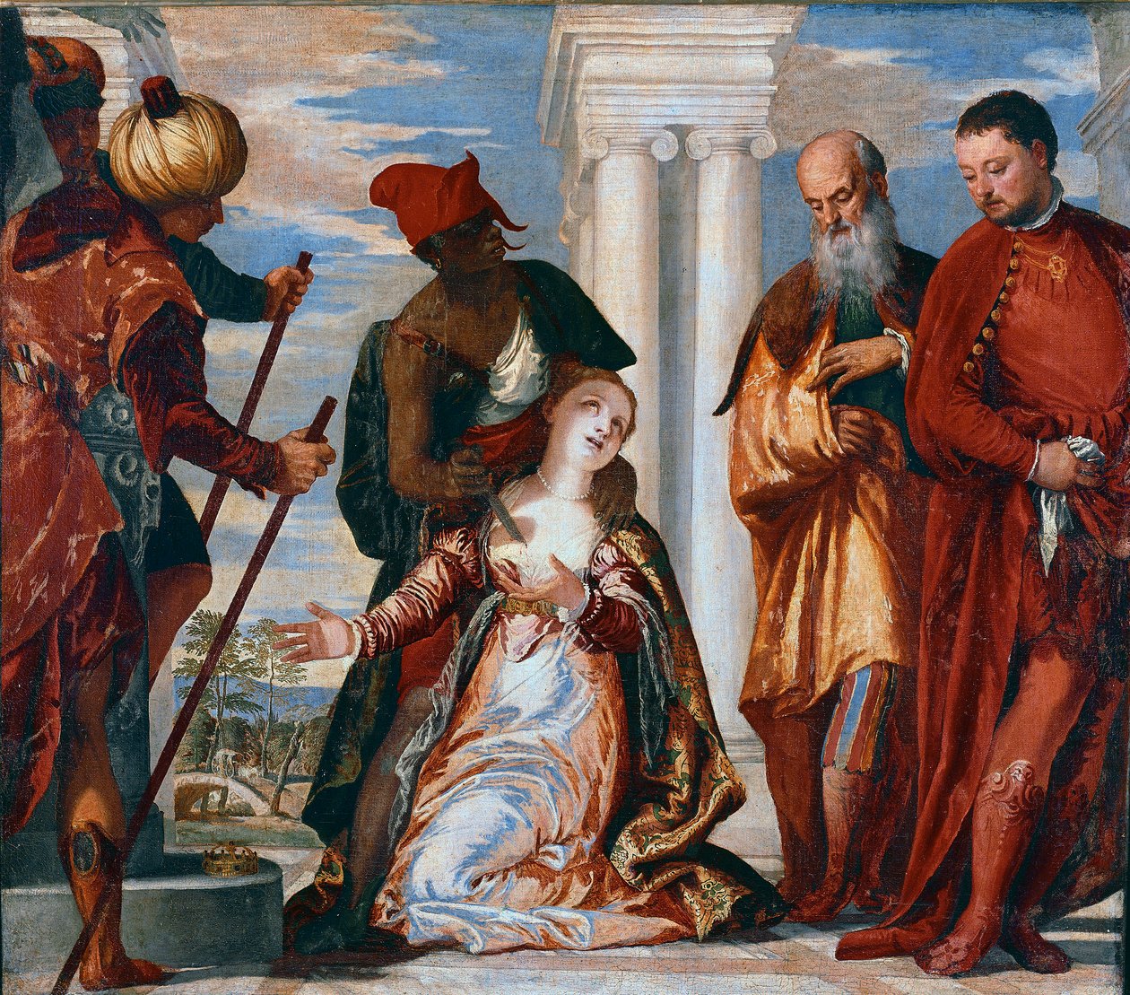 Das Martyrium der heiligen Justina. Heilige Justina von Padua wird mit einem Schwertstich durchbohrt. Gemälde von Paolo Veronese von Veronese