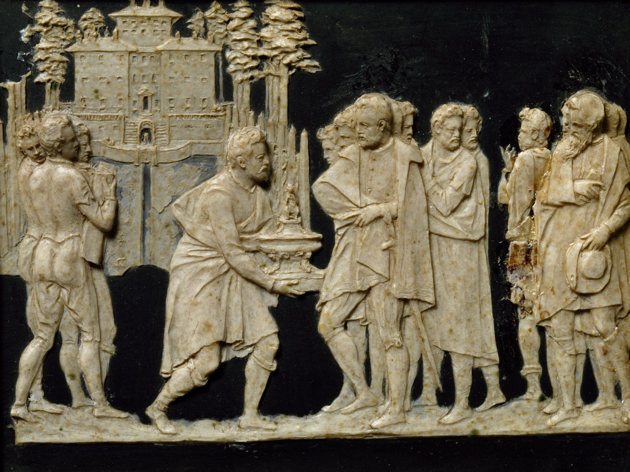 Präsentation des Modells eines Brunnens in Pratolino an Francesco I., von Jean de Boulogne alias Giambologna (1529-1608), Wachskachel von Giambologna