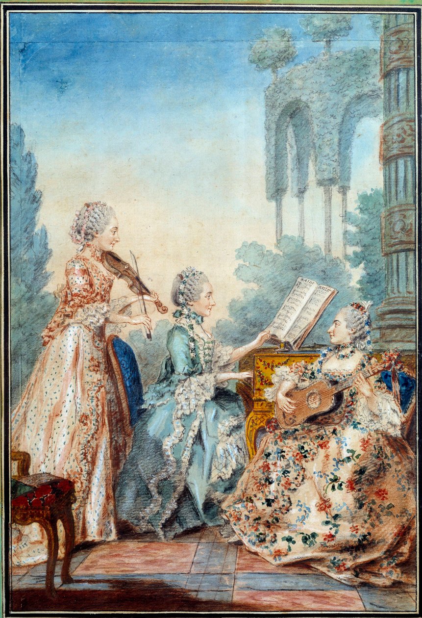 Die drei Töchter des Komponisten Joseph Nicolas Pancrace Royer spielen die Partitur des Balletts Zaide, Aquarell von Louis Carrogis Carmontelle von Carmontelle