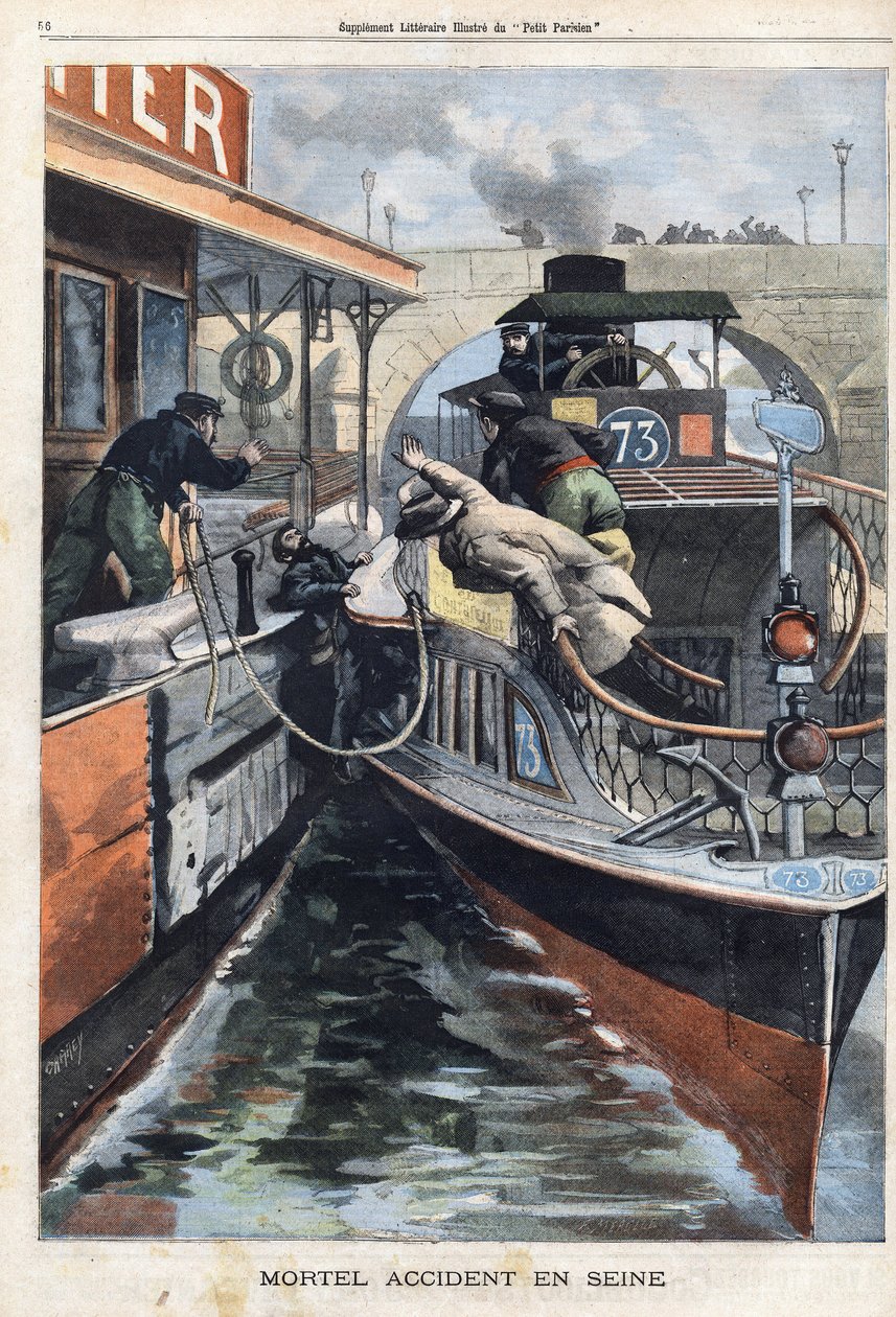Tödlicher Unfall auf der Seine: Ein Mitarbeiter der Compagnie des Bateaux Parisiens stirbt zwischen zwei Booten in der Nähe der Charenton-Brücke. Gravur in „Le Petit Parisien“ am 17.02.1901. von (after) Carrey