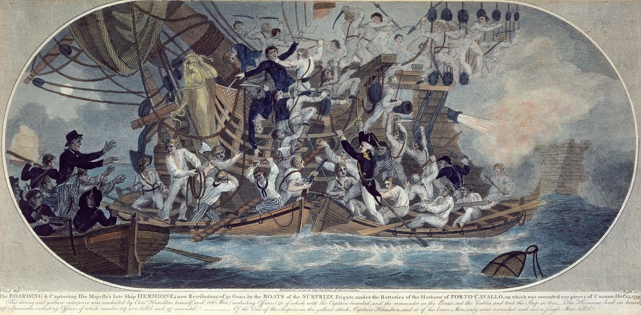Das Entern und Einnehmen von Seiner Majestät ehemaligem Schiff, Hermione (jetzt Retribution) 25. Oktober 1799, graviert von Roffe von (after) Elms