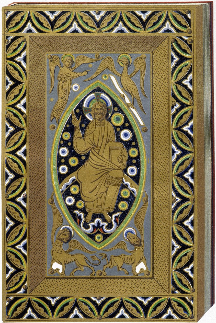 Christus in Mandorla mit den Symbolen der 4 Evangelisten (Tetramorph). Lithographie, die eine emaillierte Bindung des 13. Jahrhunderts reproduziert. von (after) French School