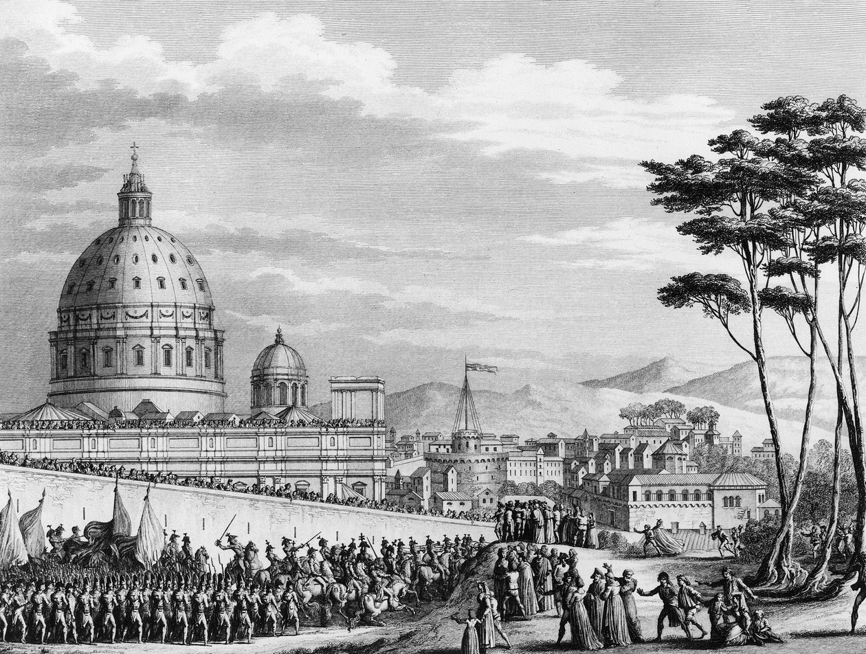 Triumphaler Einzug der Franzosen in Rom im Februar 1798 unter der Führung von General Louis Alexandre Berthier, der die päpstlichen Staaten eroberte und die Stadt Rom am 11. Februar einnahm von (after) Girardet