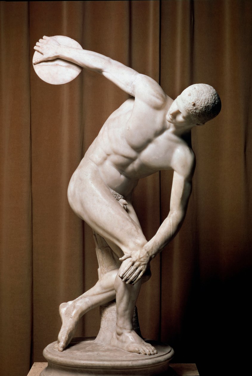 Der Diskobol. Ein römischer Athlet versucht, eine Scheibe zu werfen. Römische Kopie des Originalbronze von Myron aus dem 5. Jahrhundert v. Chr. Rom, Museo Nazionale Romano von (after) Myron