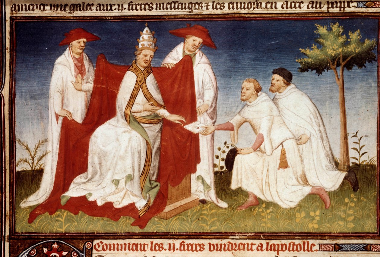 Die Brüder Nicolo und Matteo Polo, Onkel und Vater von Marco Polo (1254-1324), übergeben Papst Gregor X. einen Brief von Qubilai (Kubilai Khan, erster Kaiser der mongolischen Yuan-Dynastie (1215-1294)). Miniatur aus „Das Buch der Wunder“ von (and workshop) Boucicaut Master