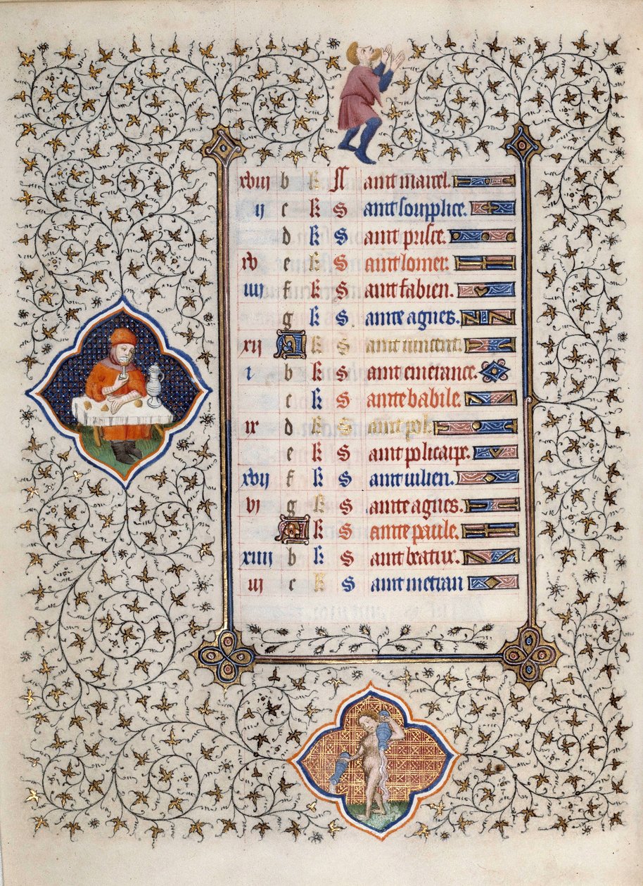 Seite des Manuskripts „Les Très Riches Heures du Duc François de Guise“, illuminiert vom Meister von Boucicaut: Darstellung der Tierkreiszeichen und Alltagsszenen: der Wassermann und eine Mahlzeitszene. 15. Jahrhundert. Musée Condé, Chantilly von (and workshop) Boucicaut Master
