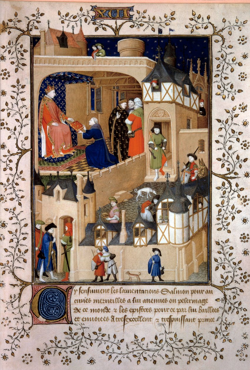 Der politische Abenteurer Peter der Fruchtier genannt Salmon bietet sein Manuskript König Karl VI. (1368-1422) an. Miniatur aus „Antworten an Karl VI. und Klagen“ von Pierre Salmon, illuminiert von der Werkstatt des Meisters von Boucicaut (15. Jahrhundert) von (and workshop) Boucicaut Master