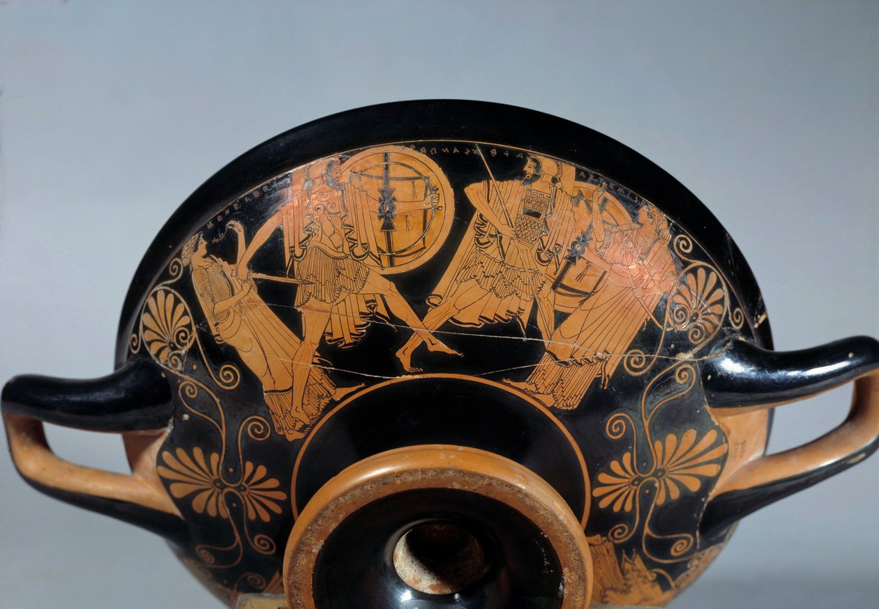 Griechische Antike: Attische Schale mit roten Figuren, die eine Szene des Trojanischen Krieges darstellen von (attr.to) Douris