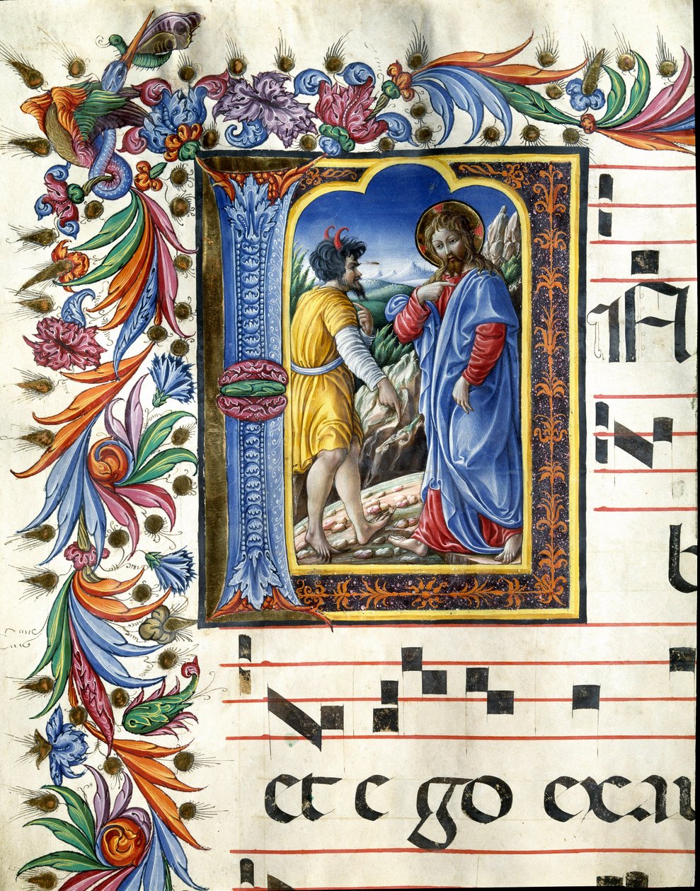 Dekorierte Initiale, die die Versuchung Christi darstellt. Miniatur von Liberale da Verona (1445-1529) aus einem Chorbuch (Cod. 20/5. c.45v) aus der Kathedrale von Siena von (c.1445 1527) Liberale da Verona