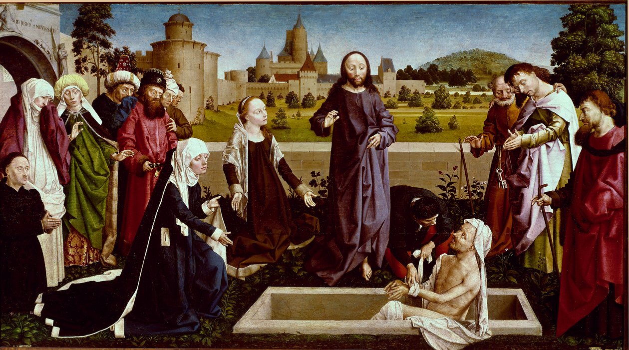 Die Auferstehung des Lazarus (Holzgemälde von Meister von Coetivy (Nicolas oder Colas d
