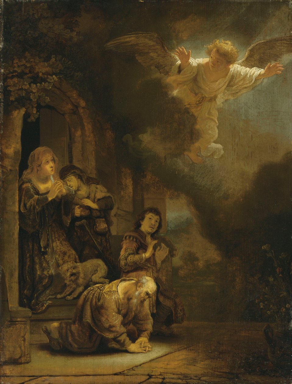 Der Erzengel Raphael verabschiedet sich von Tobit und seiner Familie von studio of Rembrandt Harmensz. van Rijn