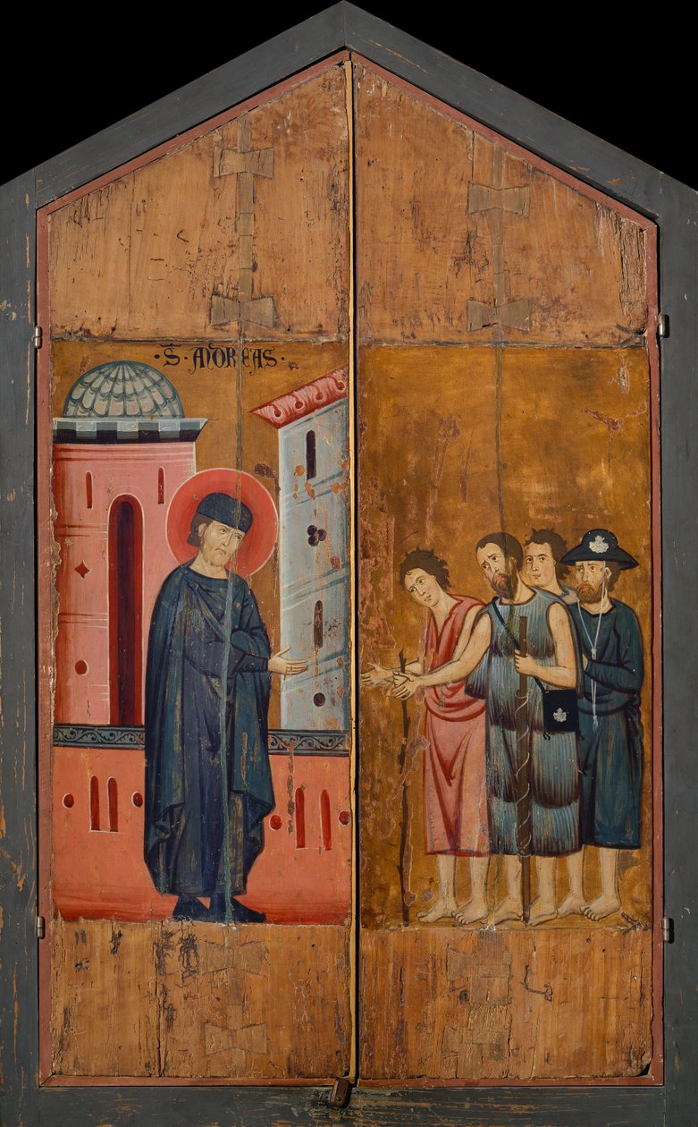 Diptychon des seligen Andrea Gallerani: Der selige Gastgeber Gallerani empfängt Pilger und Bettler, äußere Tafeln von (workshop of) Guido da Siena