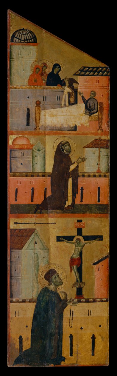 Diptychon des seligen Andrea Gallerani: Die heiligen Frauen erscheinen St. Reginald, Dominikus betet für die Heilung von St. Reginald und Gallerani betet vor dem Kreuz, Innenpaneel links, ca. 1270 von (workshop of) Guido da Siena