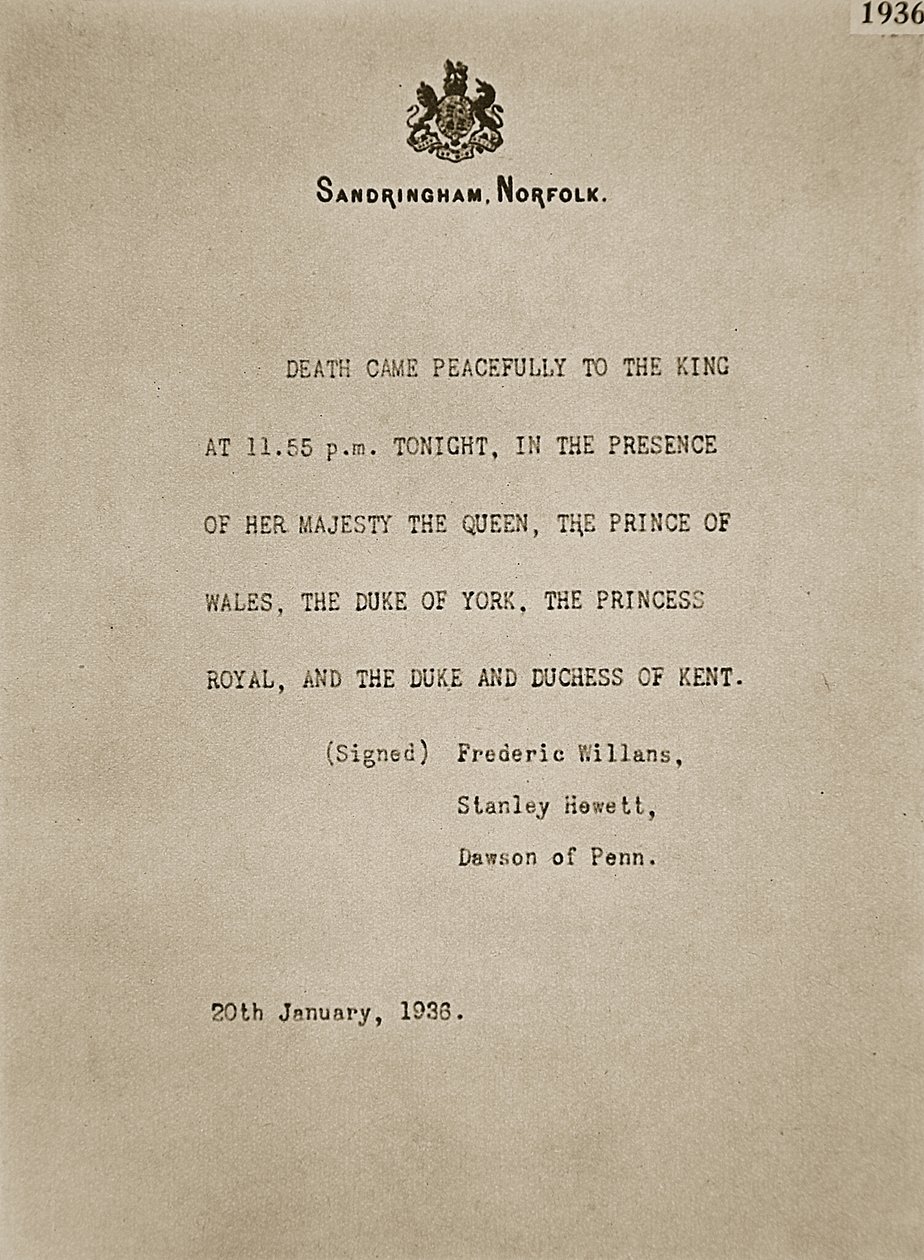 Anschlag am Sandringham anlässlich des Todes von König George V., 20. Januar 1936 von Unknown