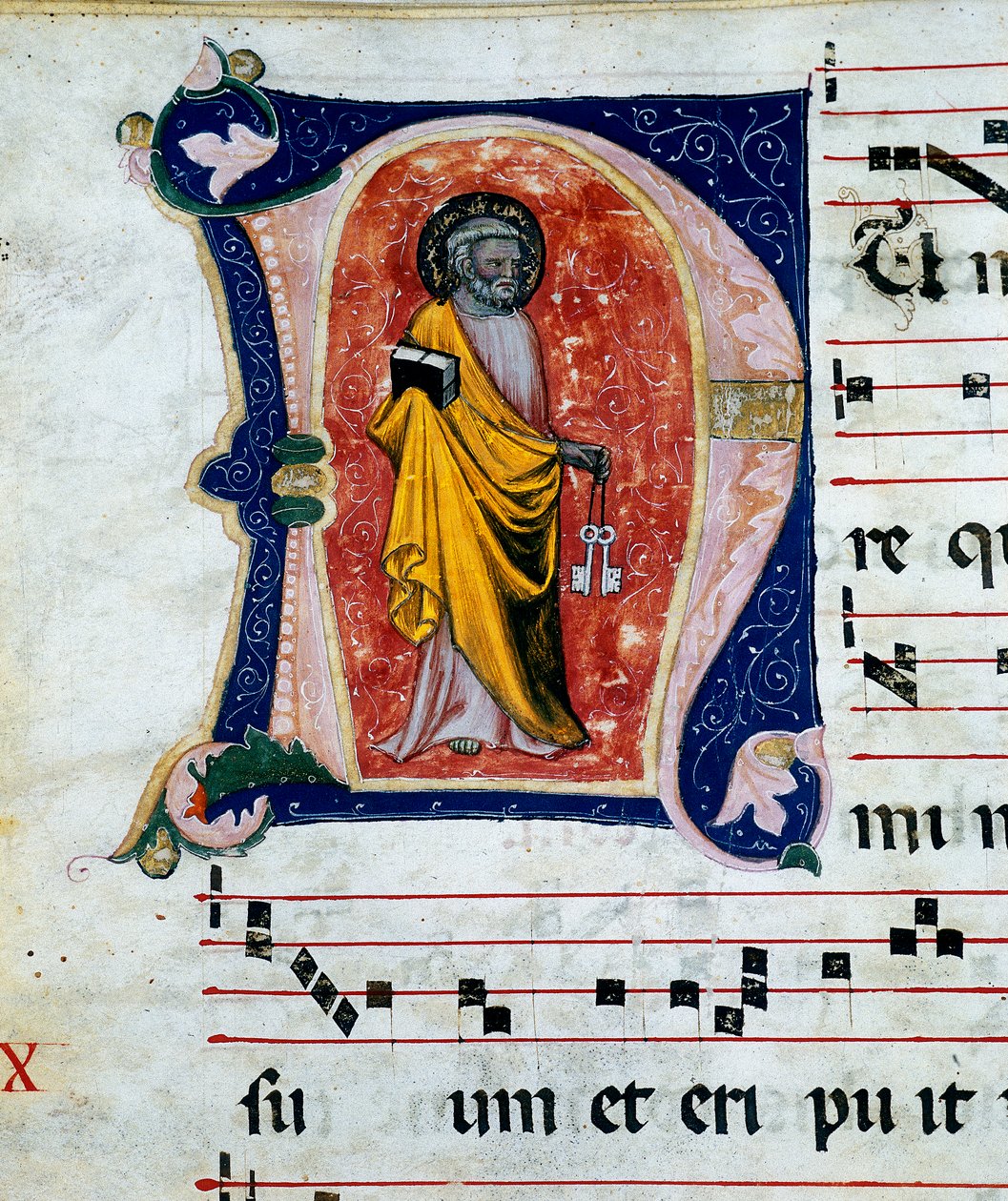 Detail einer Miniatur, die den Heiligen Petrus darstellt, enthalten in Choralpergamenten aus dem 14.-15. Jahrhundert. Archiv des Palazzo Comunale von Stroncone, in der Provinz Terni von Unknown