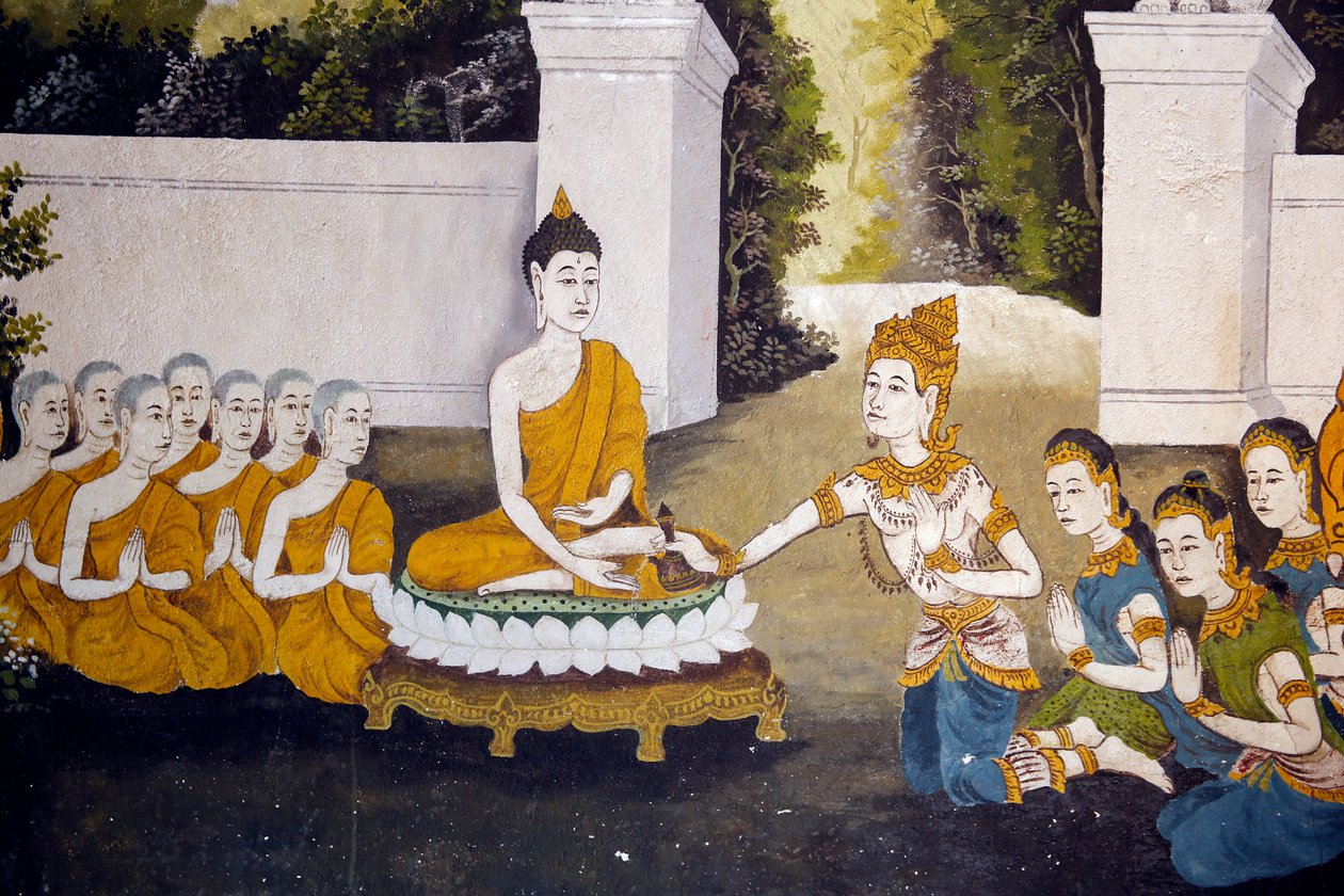 Fresko, das eine Szene aus dem Leben Buddhas in Wat Phra Doi Suthep, Chiang Mai darstellt. Buddha empfängt Almosen. Thailand von Unknown