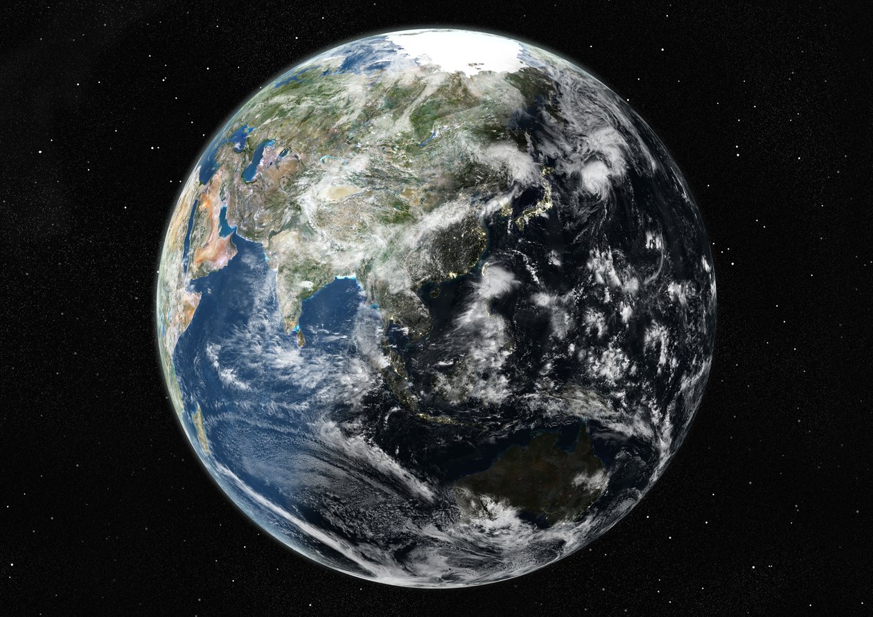 Globus zentriert auf Asien und Ozeanien, Satellitenbild in Echtfarben von Unknown