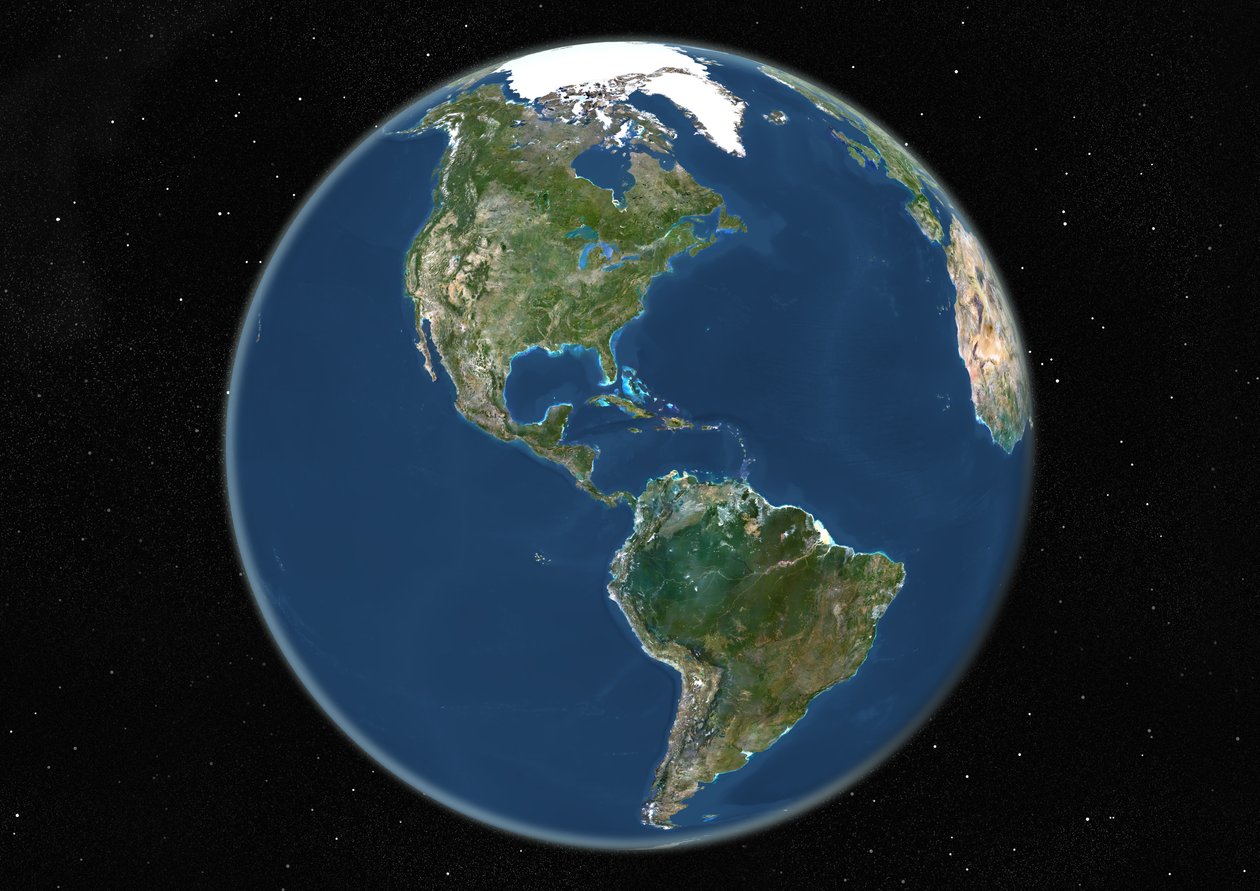 Globus zentriert auf die Amerikas, Satellitenbild in Echtfarben von Unknown