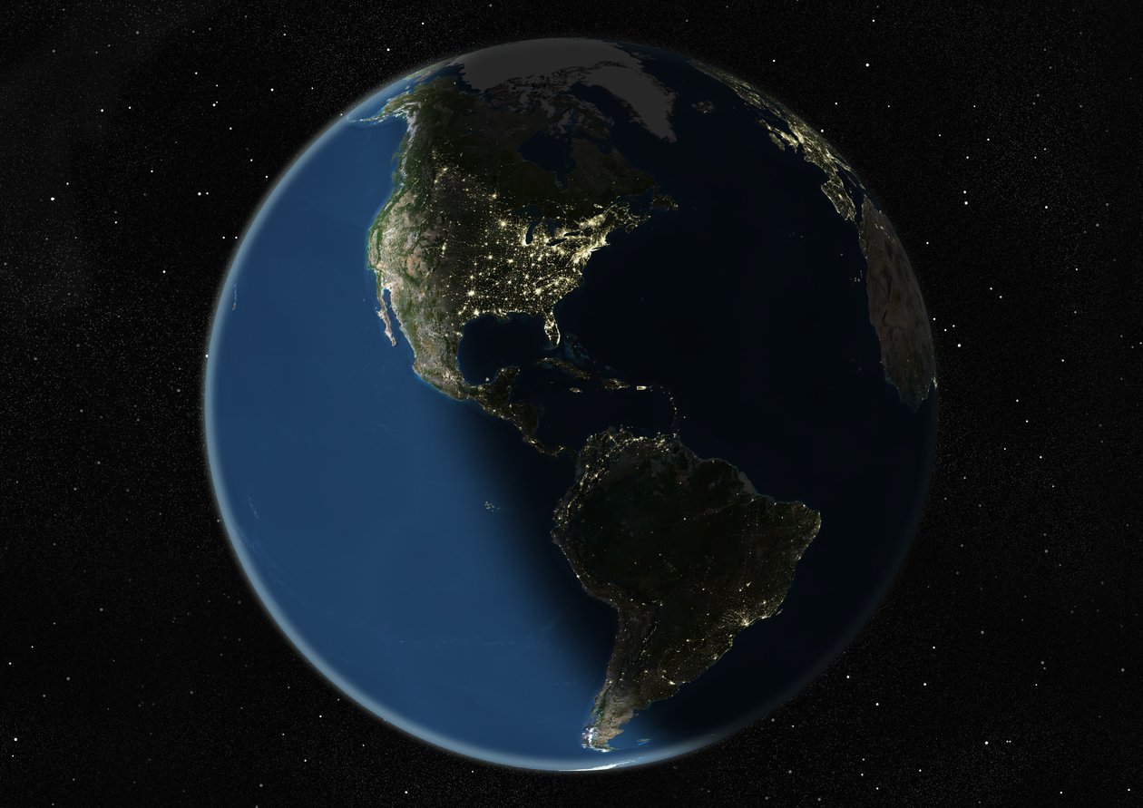 Globus zentriert auf die Amerikas, Satellitenbild in Echtfarben von Unknown