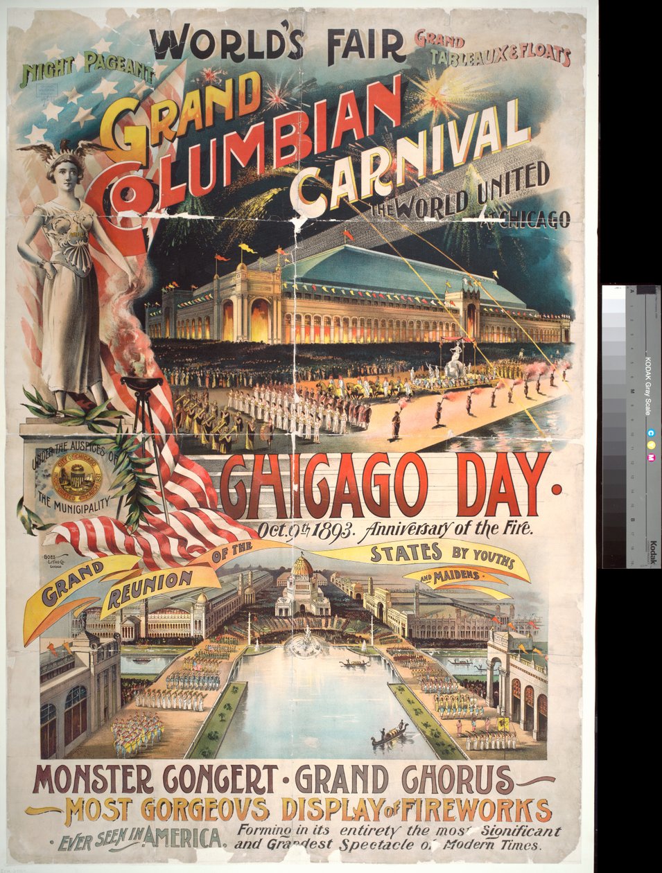 Plakat zur Werbung für den Chicago-Tag auf der Weltausstellung zur Erinnerung an das Chicago-Feuer von 1871, 1893 von American Photographer