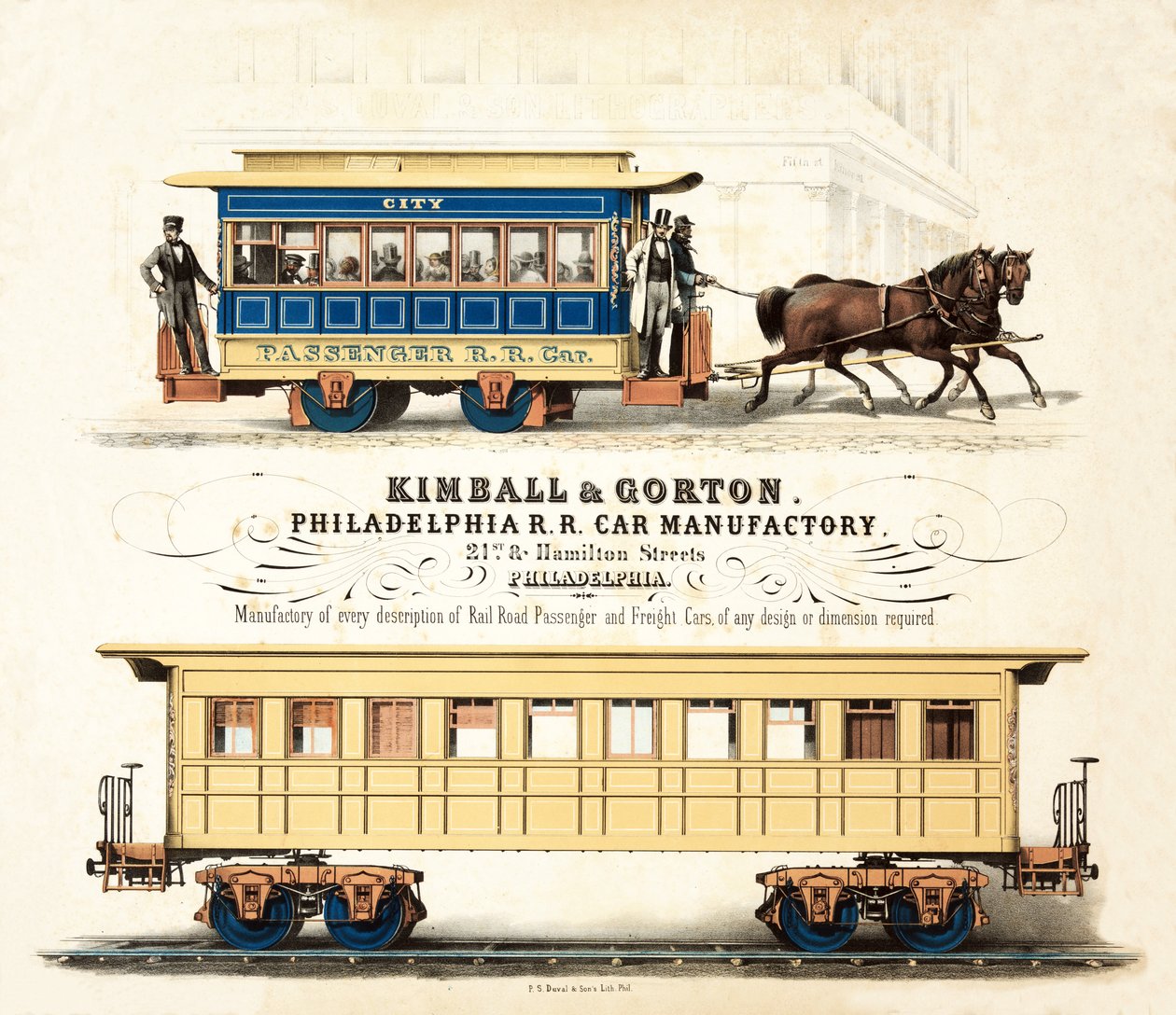 Werbung für Kimball & Gorton, Philadelphia R.R. Car Manufactory, veröffentlicht ca. 1857 von American School