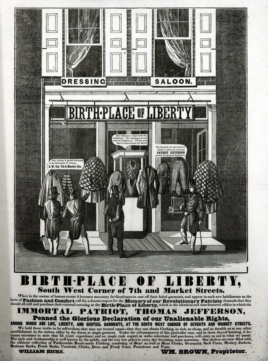 Geburtsort des Liberty Dressing Saloon, Südwest-Ecke der 7th und Market Streets... in dem der unsterbliche Patriot, Thomas Jefferson, die glorreiche Erklärung unserer unveräußerlichen Rechte verfasste.... von American School