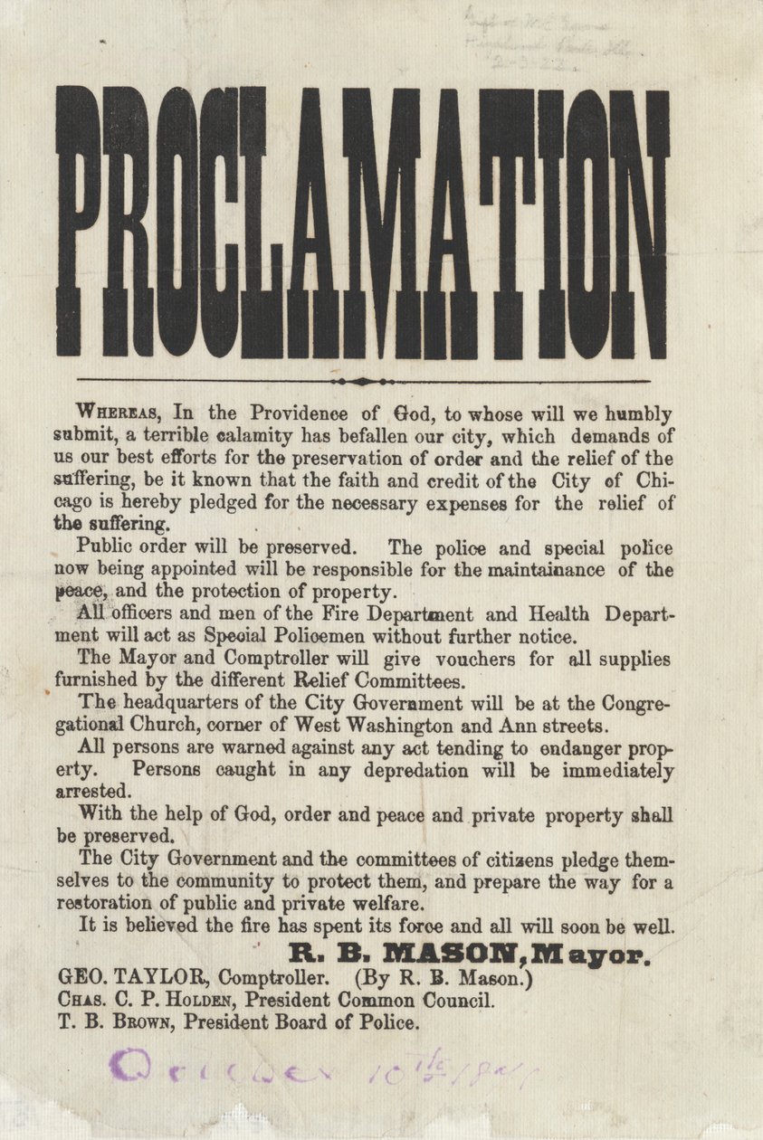 Erste Proklamation von Chicagos Bürgermeister Roswell B. Mason bezüglich des Chicagoer Feuers von American School