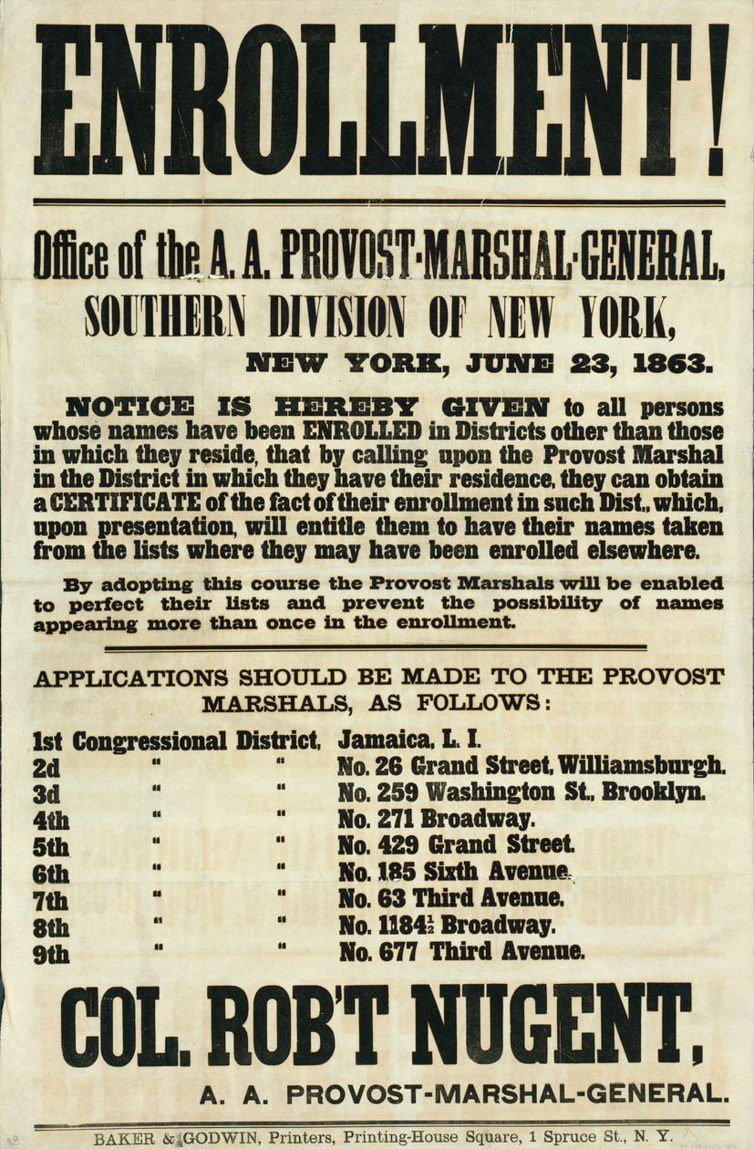 Rekrutierungsplakat für die Southern Division von New York, 23. Juni 1863 von American School