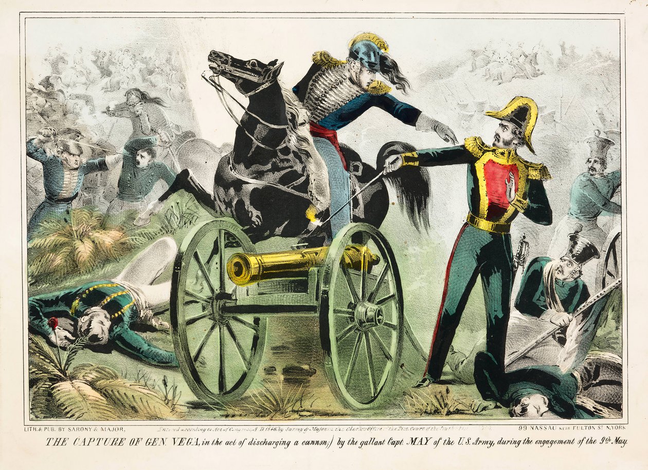 Die Gefangennahme von General Vega, beim Abfeuern einer Kanone, durch den tapferen Hauptmann May der US-Armee während des Gefechts am 9. Mai, veröffentlicht 1846 (handkolorierte Lithografie) von American School