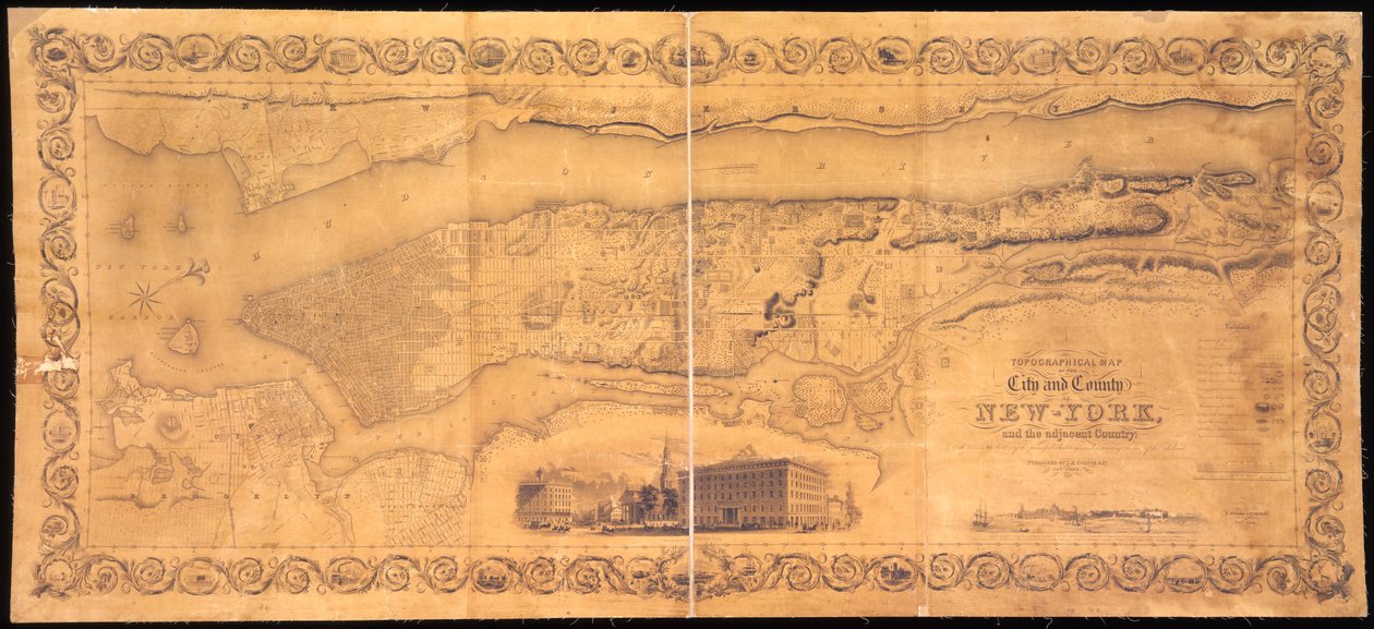 Topografische Karte der Stadt und des County New-York und der angrenzenden Gebiete: mit Ansichten der wichtigsten Gebäude und interessanten Landschaften der Insel von American School