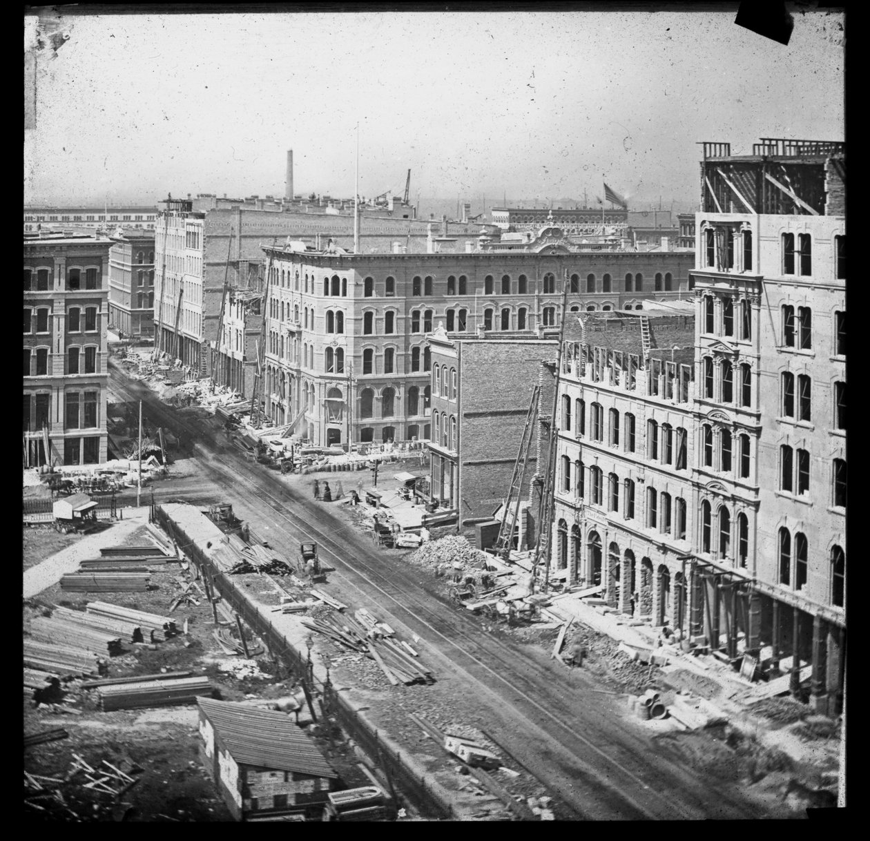 Blick auf die Randolph Street, westlich vom Gerichtsgebäude, nach dem Brand von Chicago 1871, 1871 von American School