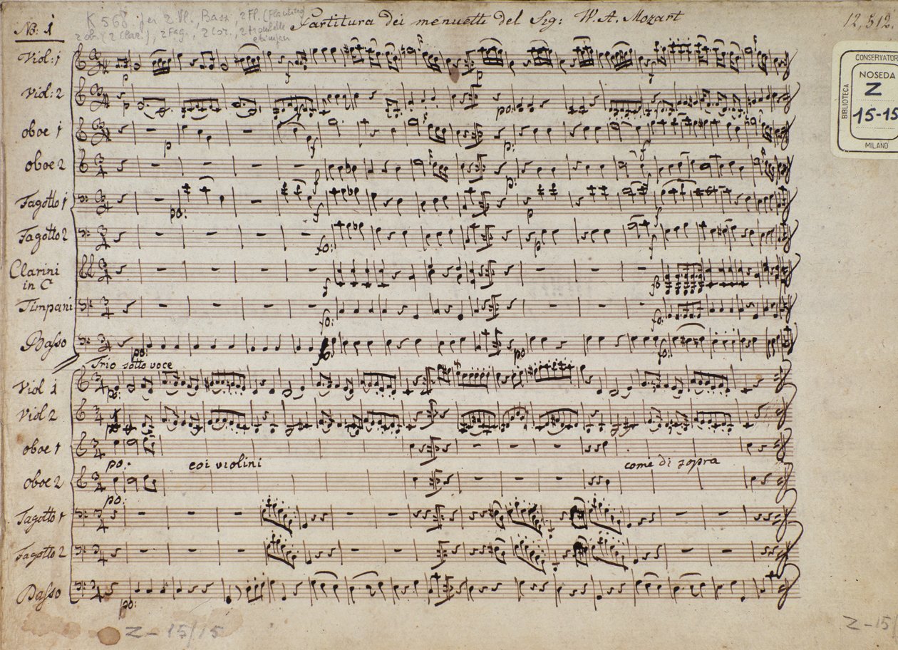 Seite der Partitur von Menuetten in 5 Kadenzen für Klavier, K 568 von Wolfgang Amadeus Mozart (1756-1791) von Austrian School