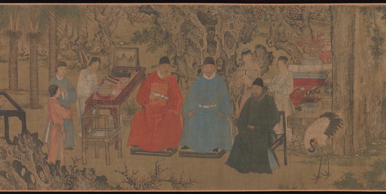 Elegantes Treffen im Aprikosengarten, Handrolle, ca. 1437 von Chinese School