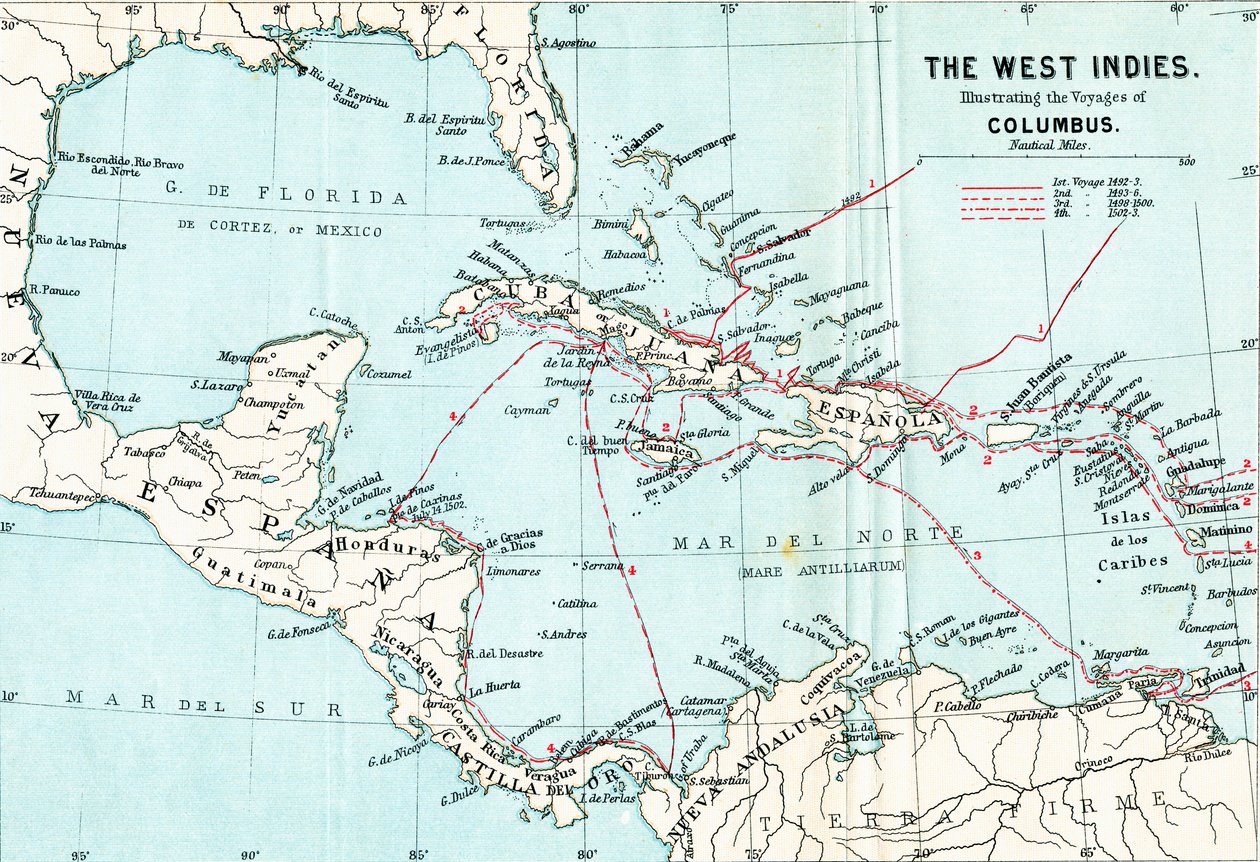 Karte der Westindischen Inseln, die die Reisen von Christoph Kolumbus illustriert, aus 