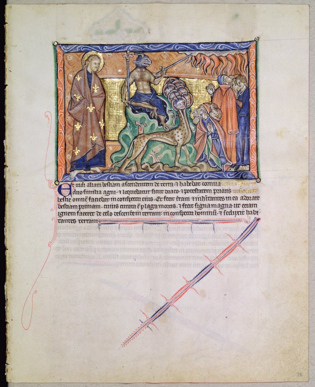 St. Johannes der Evangelist beobachtet, wie das Tier Feuer vom Himmel auf die Erde bringt, aus der Gulbenkian-Apokalypse, ca. 1265-70 von English School
