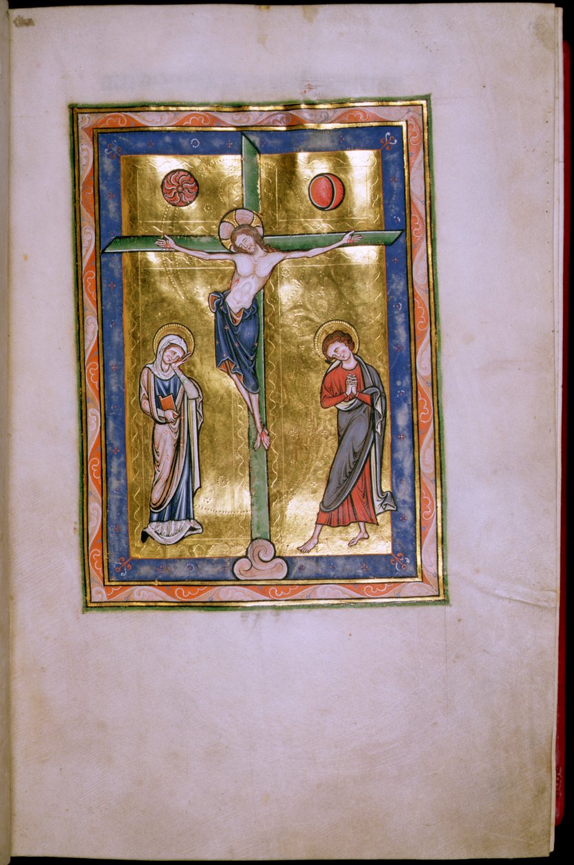 Ms.12.f12r Kreuzigung mit der Jungfrau und St. Johannes, aus dem Peterborough Psalter, c.1260 von English School