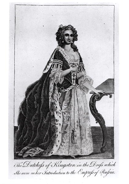 Die Herzogin von Kingston (1720-88) im Kleid, das sie bei ihrer Vorstellung bei der Kaiserin von Russland trug von English School