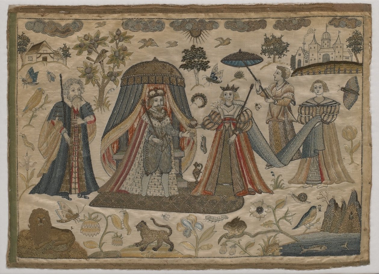 Das Treffen von König Salomo und der Königin von Saba, ca. 1650 (flache Seidenstickerei) von English School