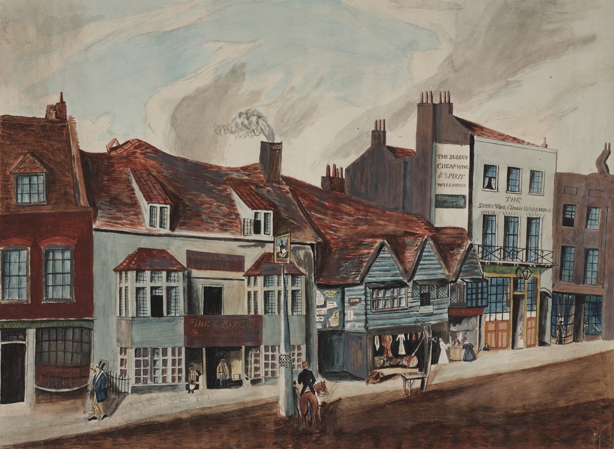 Ansicht von Newington Butts, Southwark, zeigt das George Tavern und Ladenfronten, ca. 1825 von English School