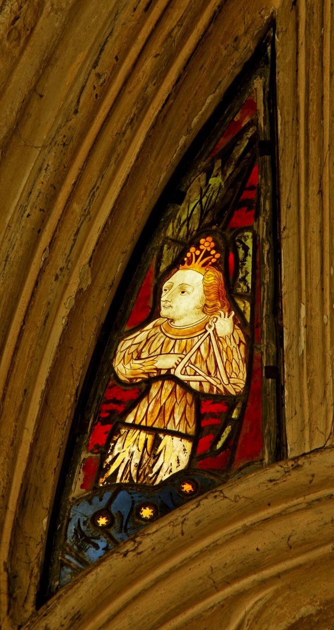 Fenster mit der Darstellung eines musizierenden Engels, der das Triangel spielt, Beauchamp Chapel, Saint Marys, Warwick von English School