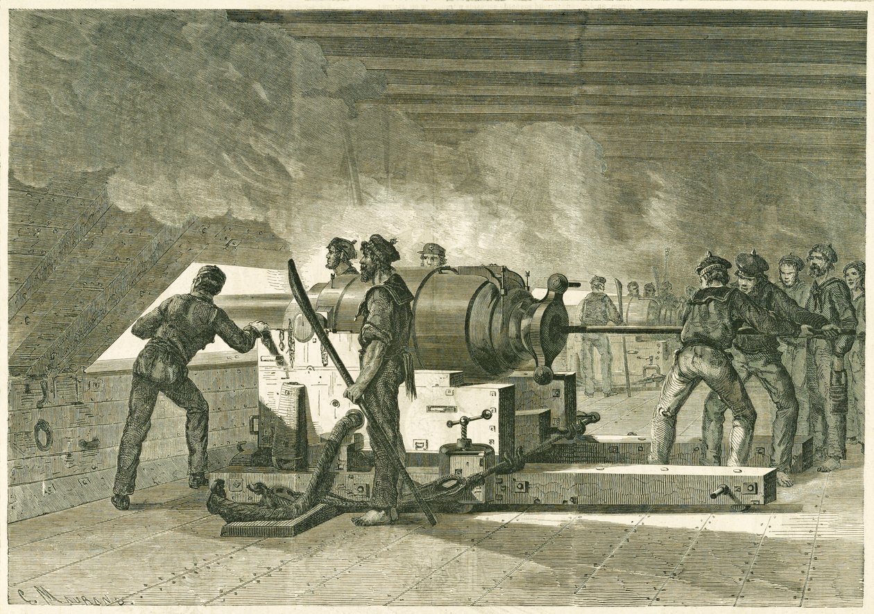 Innenansicht der Batterie des Merrimac, während des Kampfes mit dem Monitor, veröffentlicht 1862-1865 von French School