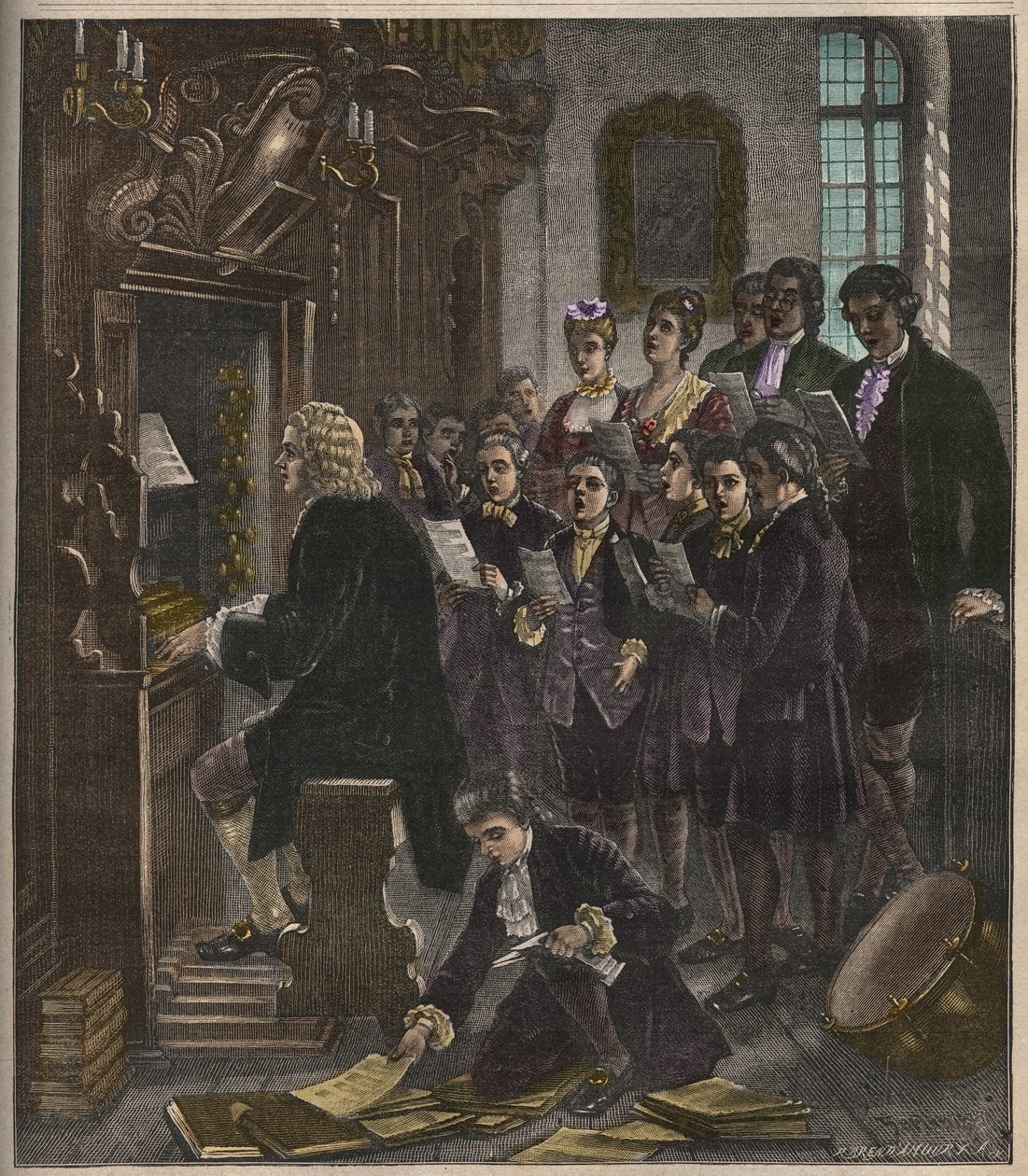 Johann Sebastian Bach spielt die Orgel in der Thomasschule, Leipzig, Illustration aus La musique populaire, 1882 von French School
